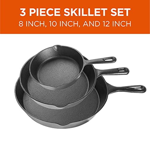 COMMERCIAL CHEF Ensemble de 3 Poêles en Fonte – 8 Pouces, 10 Pouces et 12 Pouces - Ustensiles de Cuisine en Fonte Pré-Assaisonnés
