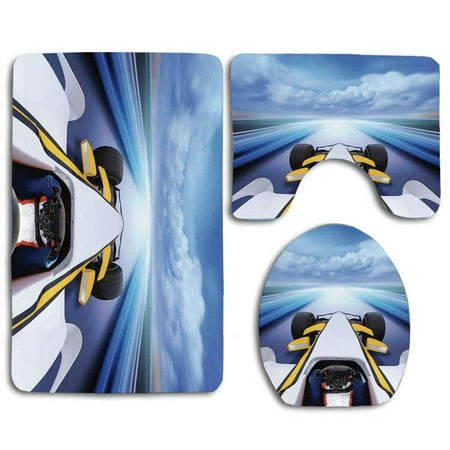 GOHAO Cars Overhead Route Perspective from Open Cockpit Racing Car Driving at High Speed 3 Piece Bathroom Rugs Set Bath Rug Contour Mat and Toilet Lid