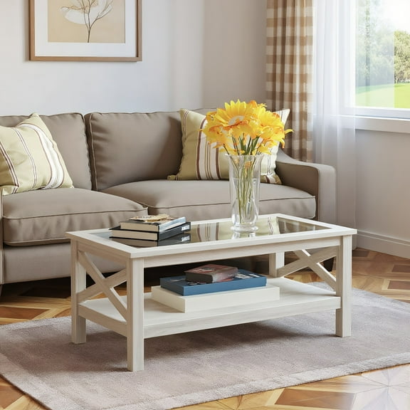 YYAo Modern Coffee Tables, Center Table,Coffee Table with Tempered Glass Tabletop and Underneath Storage Shelf, White Oak