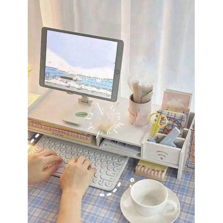 1pc Computer Monitor Riser Stand With Drawer Multi-Functional Desktop Organizer Shelf Notebook Laptop Holder Office Desk Display Stand