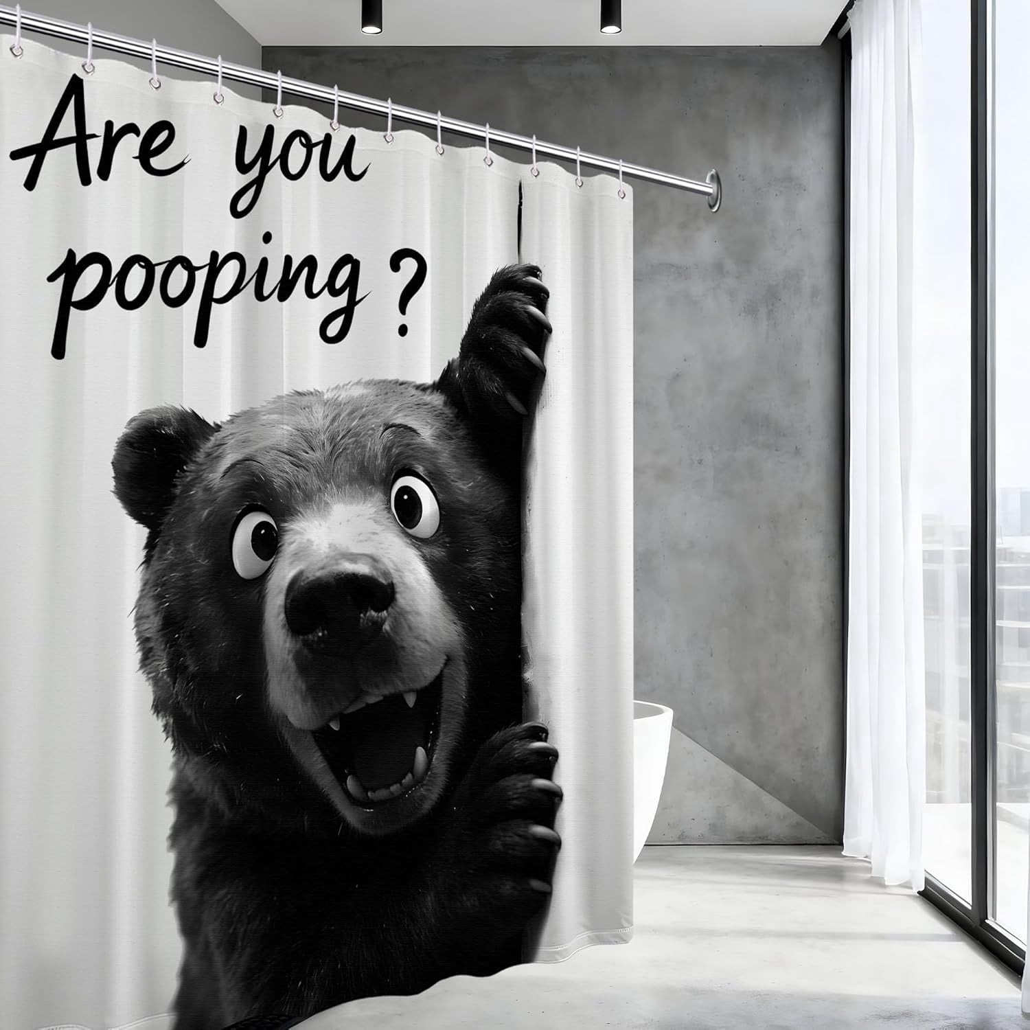 Funny Black Bear Shower Curtain Novelty Animal Safari Wildlife Shower Curtains for Kids Bathroom Decor Sets, Waterproof Cloth Fabric with Hooks, 70x72 Inch