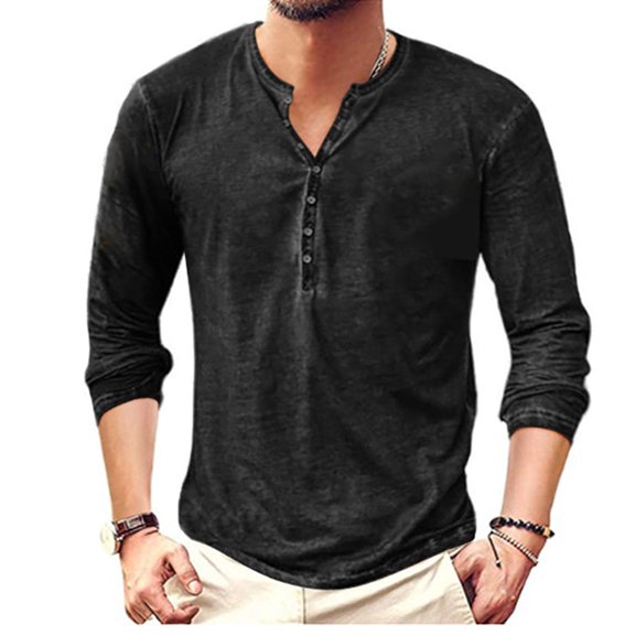 Long Sleeve Vintage Washed Men Casual Henley Shirt Male Button Down Blouse