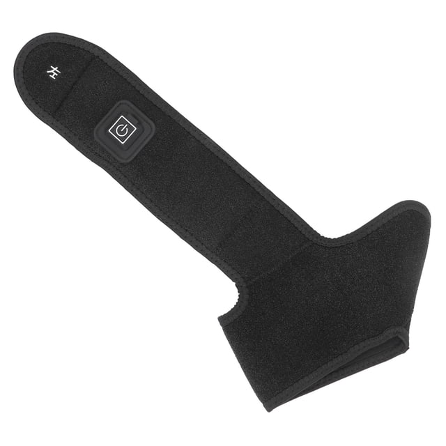 tobillera con calefacción eléctrica alivio del dolor compresa caliente soporte deportivo envoltura de tobillo recuperación de esguinces para molestias en las articulaciones anggrek otros 3/4 frontal de tobillera negra con abertura para talón y correa envolvente; tejido tipo neopreno, panel de control cuadrado con botón de encendido y luces de color para tres temperaturas, costuras visibles, tamaño aprox. 36 x 12 cm; fondo blanco. Adecuada para calor terapéutico en esguinces y molestias articulares, y suele emplearse para mantener calor durante viajes cortos.