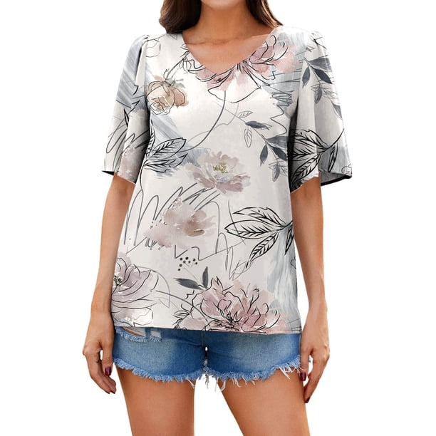 Camisetas de gasa con estampado floral para mujer Blusas Camiseta de manga corta casual Camiseta de verano con cuello en V Tops tipo túnica Pompotops hkajfhjk468445