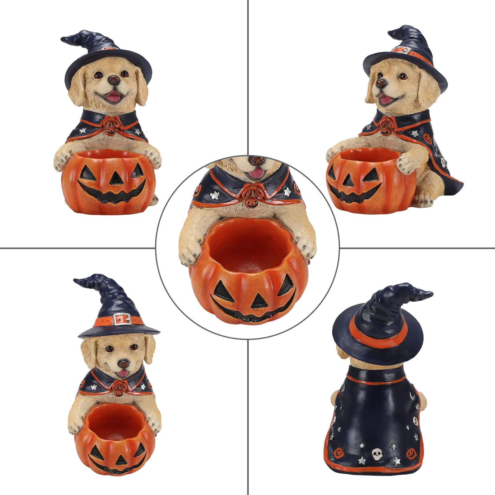 Labrador Puppy Figurine 12.6 Inch, Halloween Witch Dog Statue with Pumpkin Candy Bowl, Cute Puppy Decor for Tabletop and Holiday Display, Beige and Orange-Red