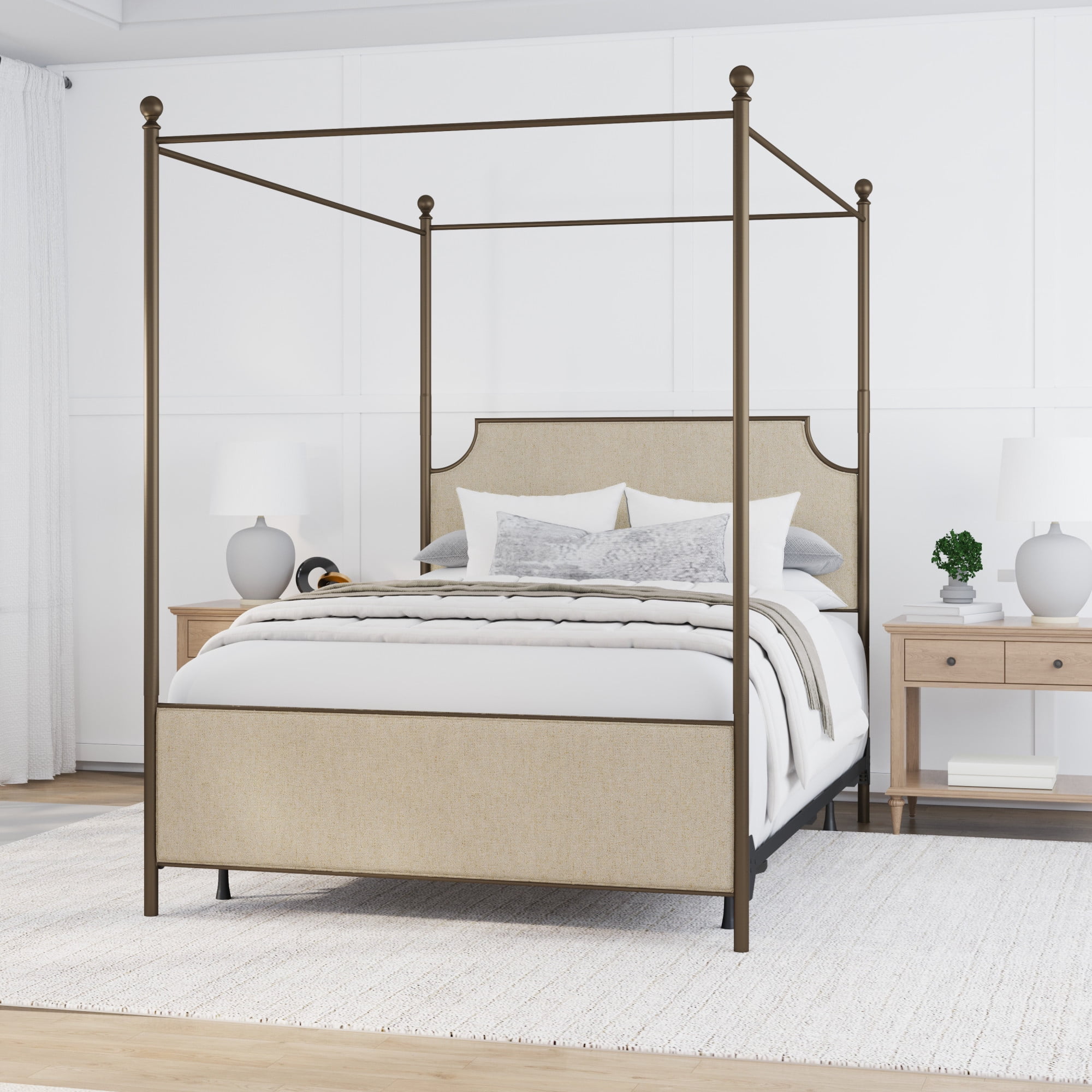 Hillsdale Furniture McArthur Metal Upholstered Canopy Queen Bed, Bronze with Linen
