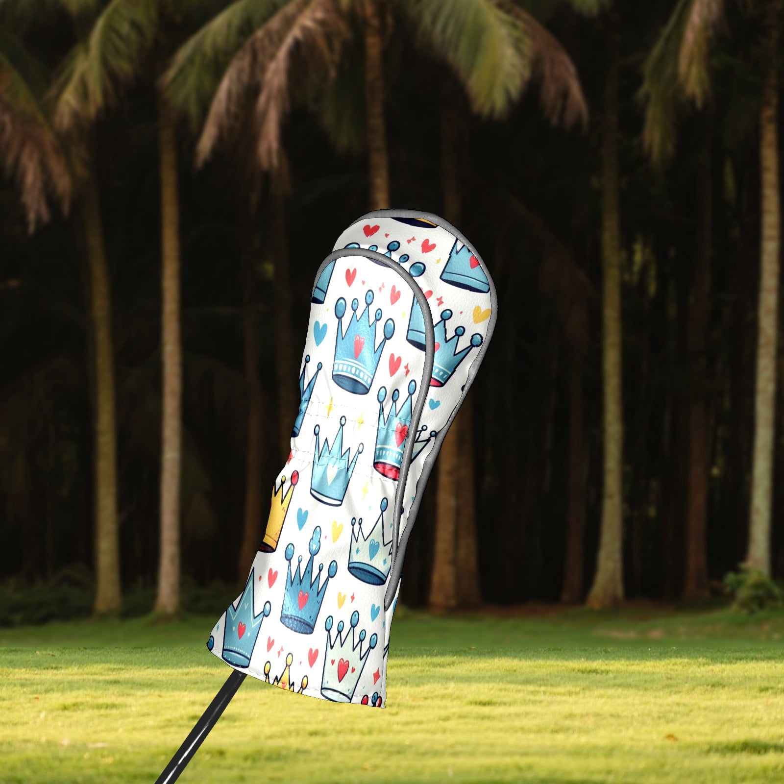 Golf Club Covers, LightBlue Crown Heart Premium PU Leather Driver Hybrid Putter Head Covers with Velvet Lining, Waterproof Golf Gifts for Men Women
