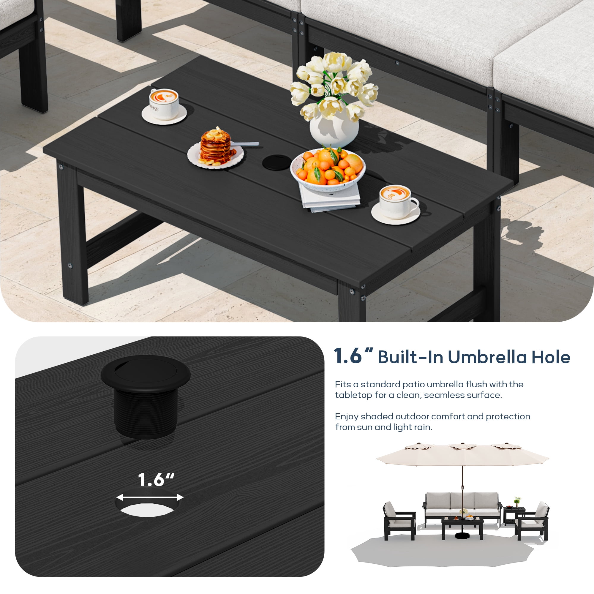 SERWALL Outdoor Patio Furniture Set, 7-Piece HDPE Outdoor Sofa Set Patio Conversation Set, Black Frame with Beige Cushions
