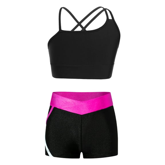 Haitryli Kids Girls Dancing Clothing Set Criss Cross Back Tank Top with Shorts Outfit Ballet Jazz Hot Pink 6