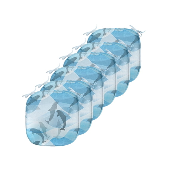 Sea Animals Chair Seating Cushion Set of 6, Dolphin Fish Pattern Silhouette Under the Sea Waves in Contemporary Design, Seat Pads with Anti-slip Backing, 16"x16", Blue and Grey, by Ambesonne