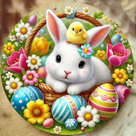 HELLOYOUNG Metal Easter Wall Decor Sign with Bunny Chick, Spring Pastel Home Cafe Decor for Indoor Wall, Rustic Tin Art Hanging Sign