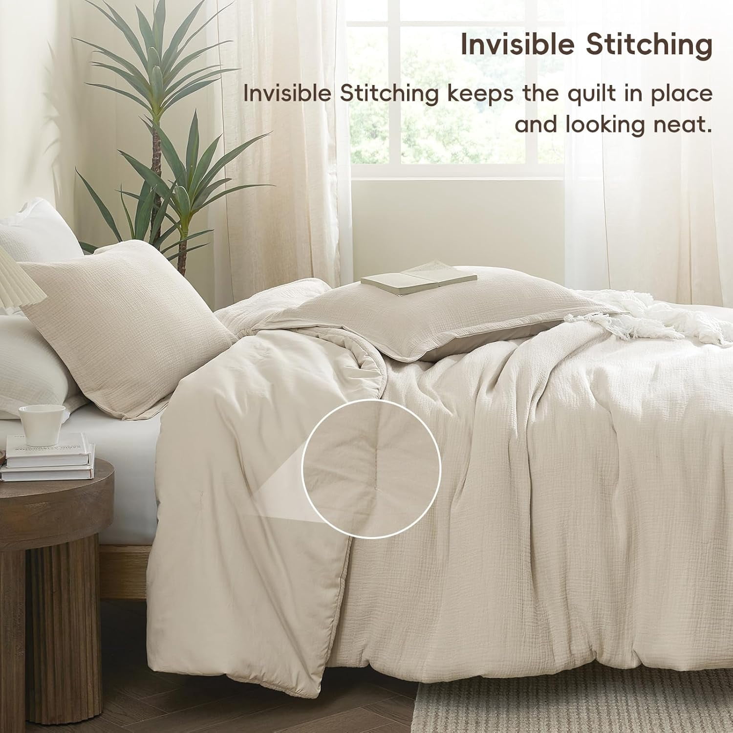 PHF Cotton Muslin Comforter Set Queen Size, Ultra Soft Breathable & Lightweight Bedding Set for All Seasons, 1 Comfy Comforter 90"x90", 2 Pillow Shams 20"x26", Natural