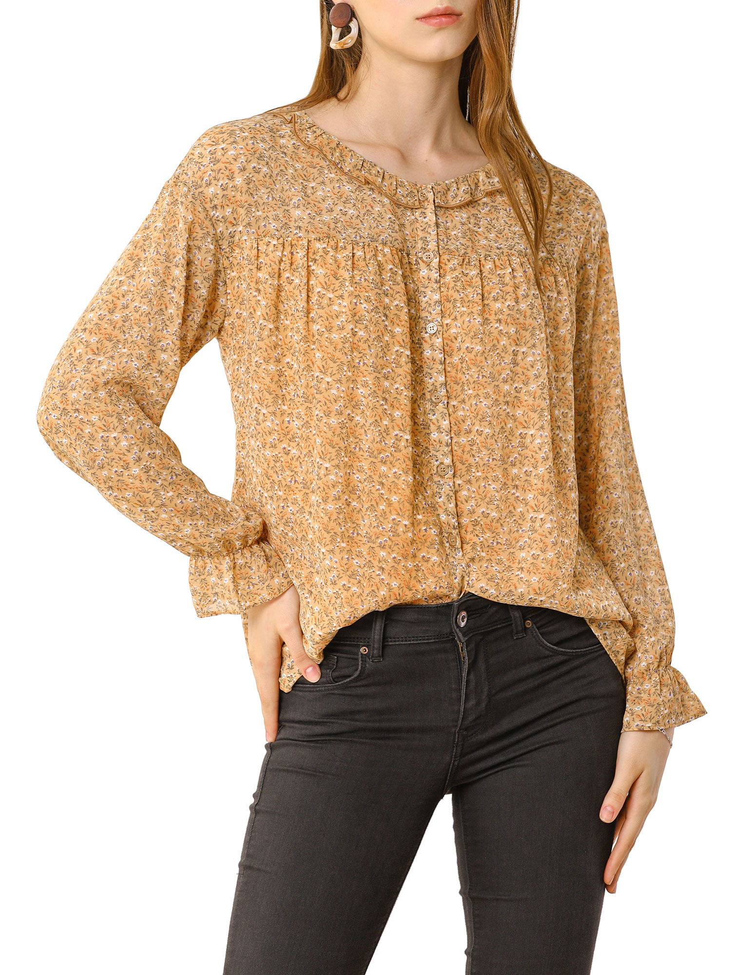 MODA NOVA Junior's Ditsy Floral Button up Long Sleeve Blouse Yellow XS - image 2 of 5