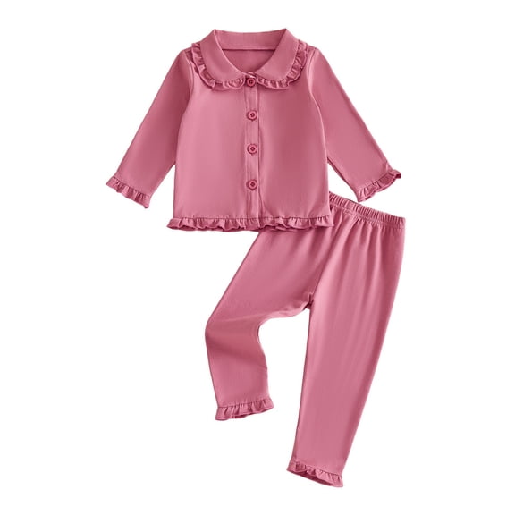 CAIVO Girls Long Sleeve Lapel Button Down Tops And Pants 2 Piece Pajama Sets Solid Soft Sleepwear For Autumn Casual Toddler Little Girl Nightwear Pjs