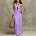 thumbnail image 4 of Women Halter Neck Sleeveless Bodycon Maxi Dress, Solid Color Slim Fit Ruched Long Slip Dress, Elegant Evening Gown Purple XXL(XXL), 4 of 5
