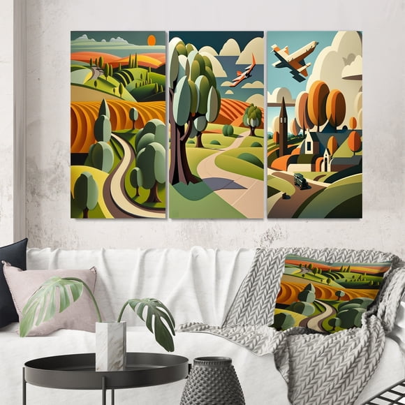 Designart "Abstract Landscape Road to Rustic Mountains V" Abstract Landscape Wall Art Set Of 3 - Abstract Landscapes Green Gallery Set For Office Decor