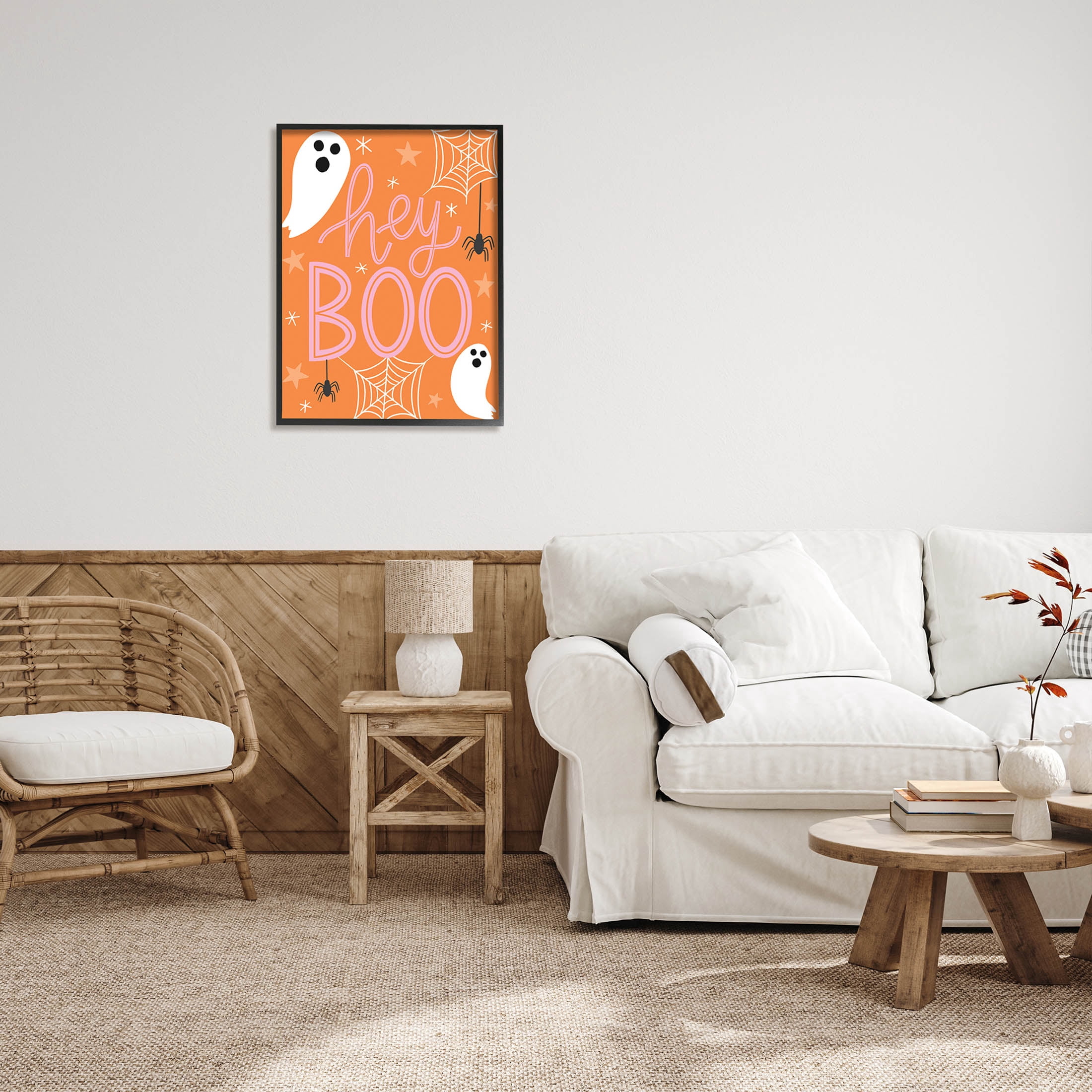 Hey Boo Orange Halloween Ghosts Holiday Graphic Art Black Framed Art Print Wall Art
