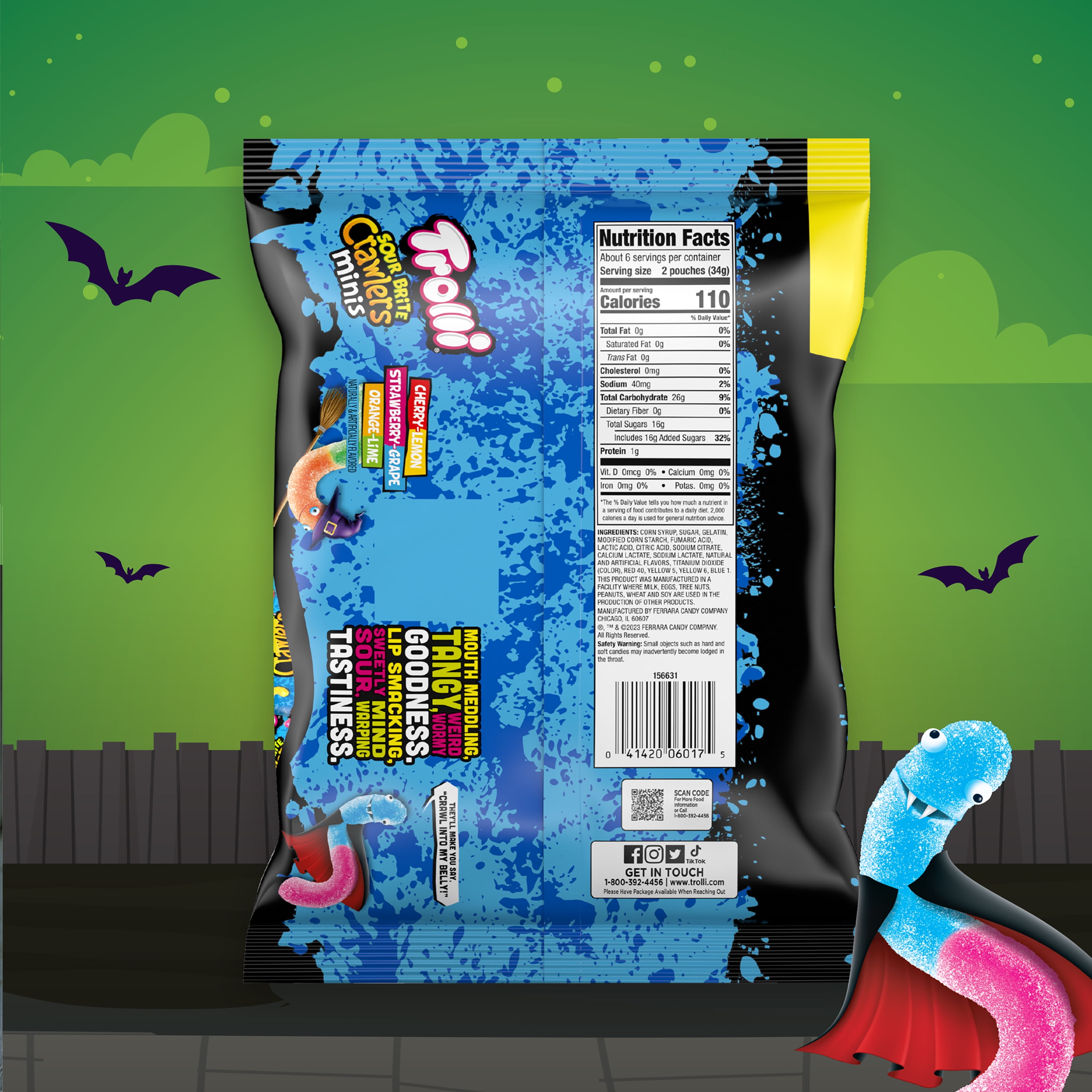 (3 pack) Trolli Sour Brite Crawlers, Halloween Sour Candy Treat Packs, 7.2 oz Bag, 12 Count