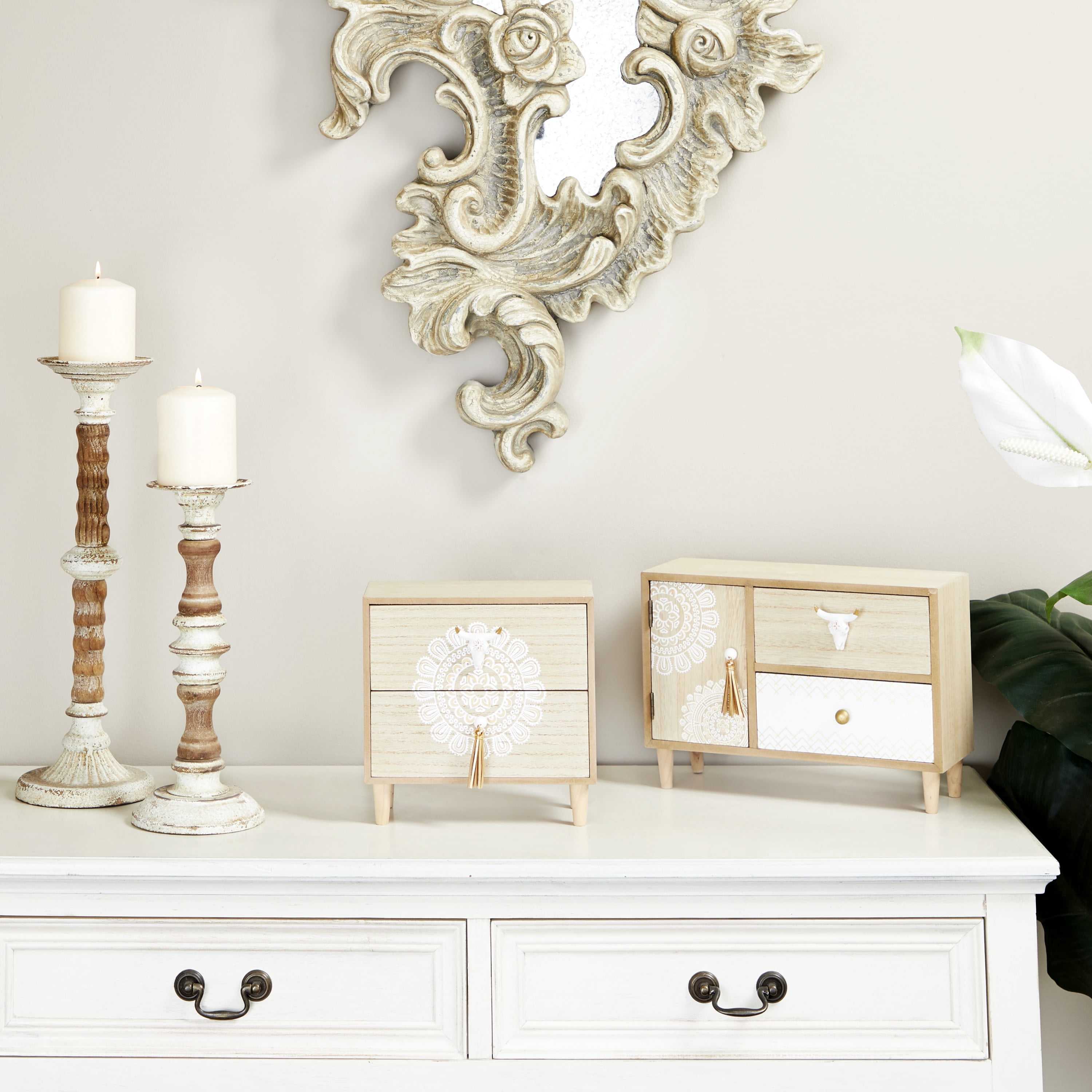 DecMode Floral 3 Drawers Light Brown Wooden Decorative Jewelry Box with Bull Head Knob
