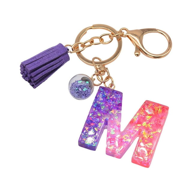 Hangs Pendant 2 Resin Glittering Letter Keychain with Color Stitching Flowing Design Purple Drop Glue English Character Key Chain
