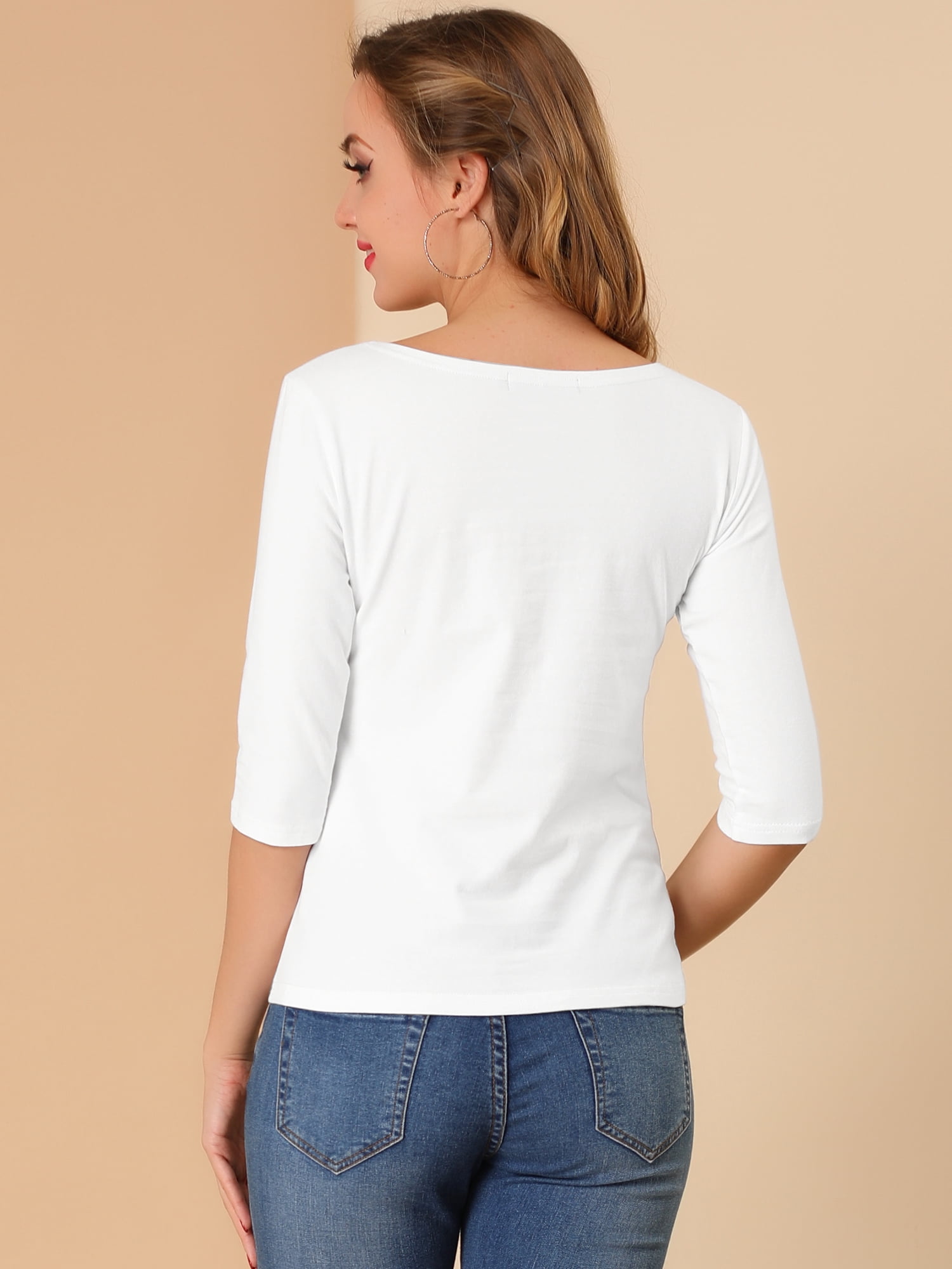 DARING DIVA Women's Elbow Sleeves Boat Neck Slim Fit Classic Tee M White