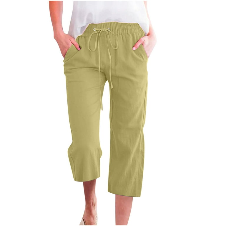 Capris for Women Casual Summer Cotton Linen Pants Drawstring Elastic  Trousers High Waisted Loose Yoga Sweatpants Stretch Workout Running Pants  with Pockets Green _II XL 