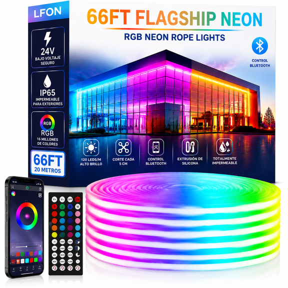 Lfon 66ft Extra Long LED Neon Rope Lights, Flexible DIY RGB Strip, App/Remote Control, Music Sync, IP65 Waterproof for Large Bedroom & Outdoor Decor