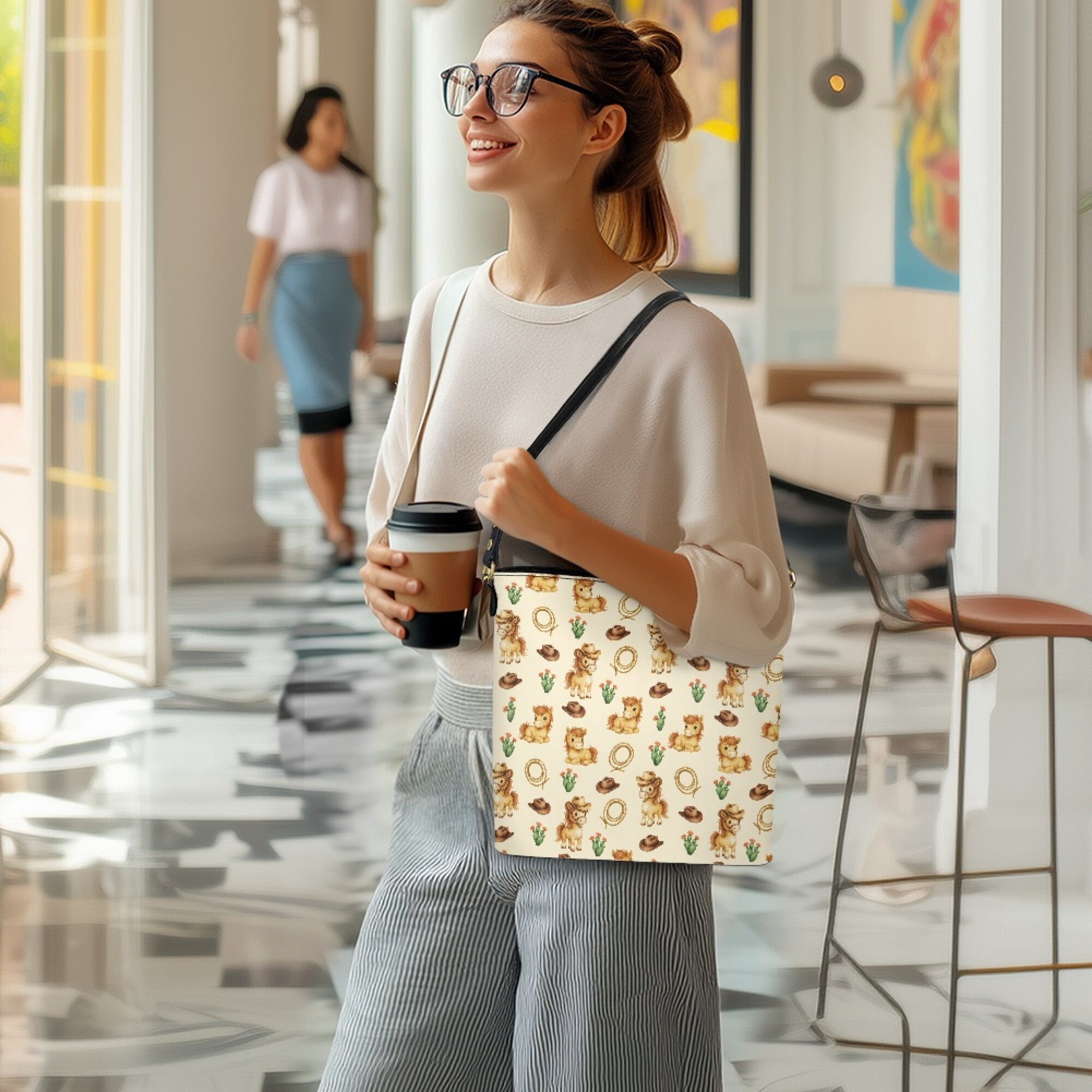Kuiaobaty Cowboy Horse Print Bucket Crossbody Bag for Women, Cactus Print Leather Hobo Purse with Adjustable Strap, Waterproof Shoulder Handbag Crossbody for Travel & Shopping, Beige