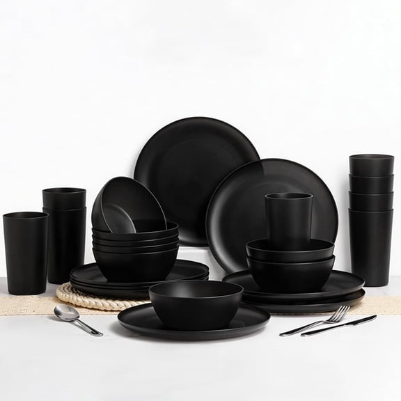 24pcs Dinnerware Sets,Plates and Bowls Sets,Dishes Set for 8,Unbreakable Modern Dish Sets,Reusable Dinning Set,Dishware Sets for Kitchen,Party or Picnic, Dishwasher Safe,Black,BPA free