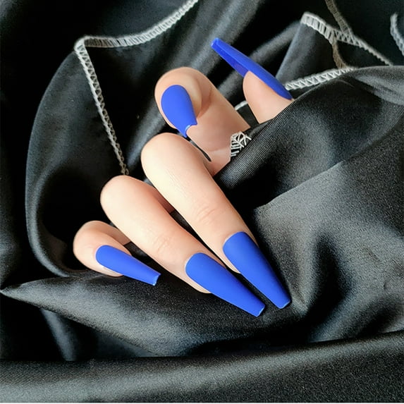 FCOGIN Long Coffin, 24 Pieces, Sapphire Blue, Satin Finish, Acrylic False Nail, Press on Nail
