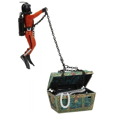 Penn Plax Aquarium Decoration With Moving Treasure Chest, Floating Diver, and Bubble Action