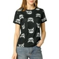 thumbnail image 1 of INSPIRE CHIC Women's Short Sleeve Contrast Cartoon Cats Pet Print Tee Ringer T-Shirt Tops XS Black, 1 of 6
