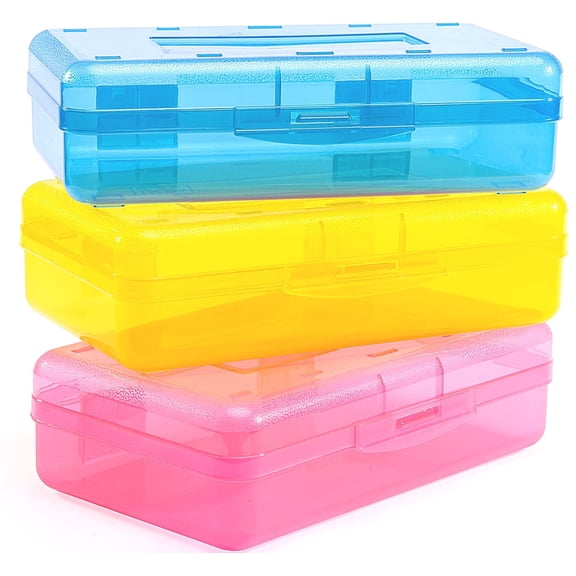 Zrova 3 Pack Clear Hard Plastic Pencil Box, Large Capacity Pen Storage Case with Snap Lid, Stackable Transparent Crayon Marker Organizer for School Office Art Craft Supplies, Red Yellow Blue
