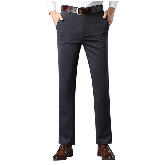 Mens Business Casual Pants Solid Color Stretch Wrinkle Resistant Trouser Zipper Button Straight Suit Pant Dark Gray M