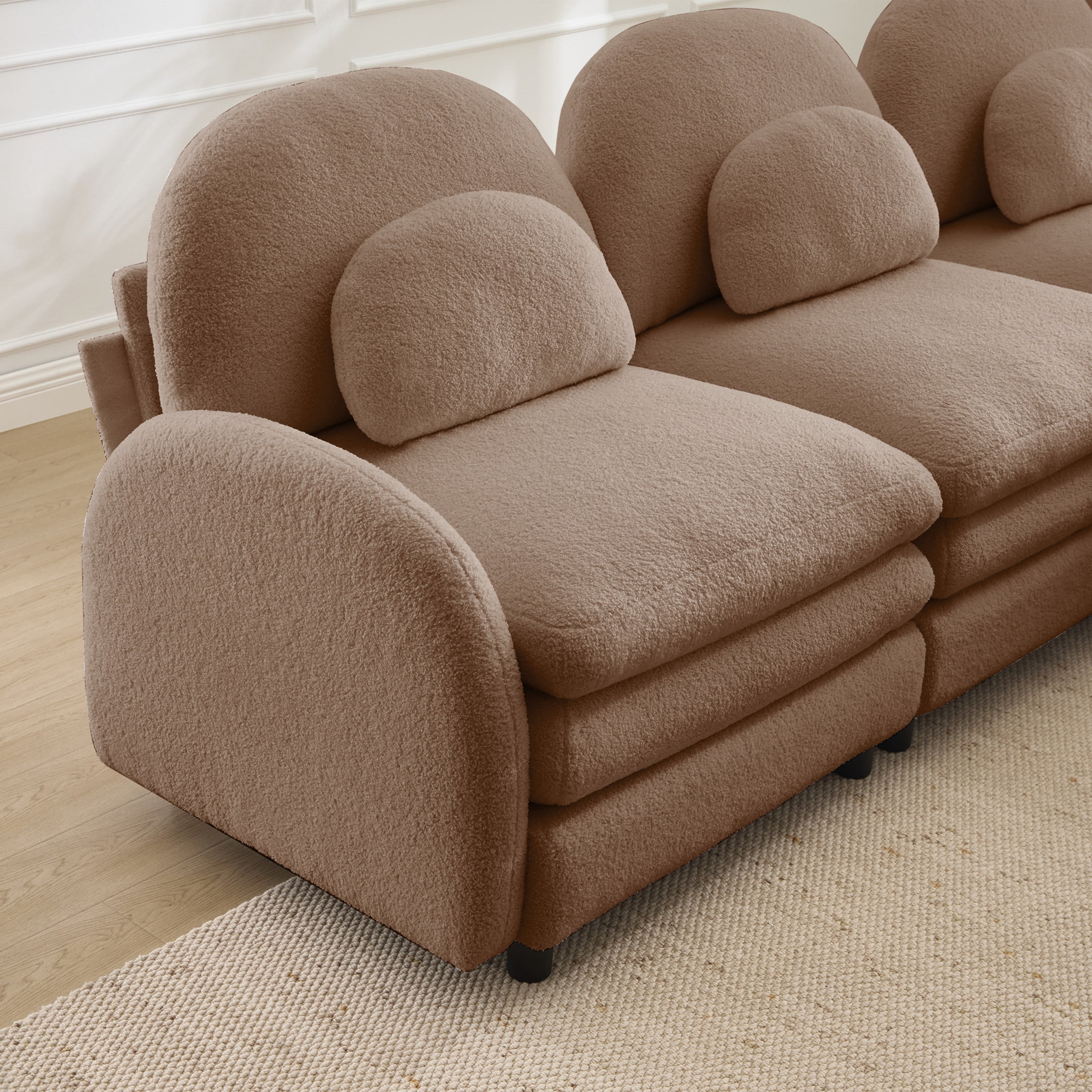 Noble House Windsor Teddy Fabric 4-Seater Sectional Sofa, Modular Cloud Couch with Ottoman and Lumbar Pillows, Camel