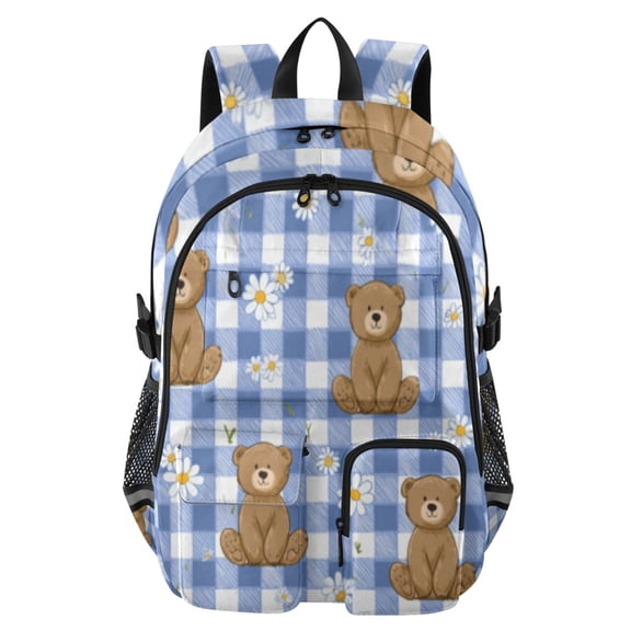 DIXRUYEE Blue Plaid Bears Backpack for School 14”Laptop Compatible with Reflective Safety Strips