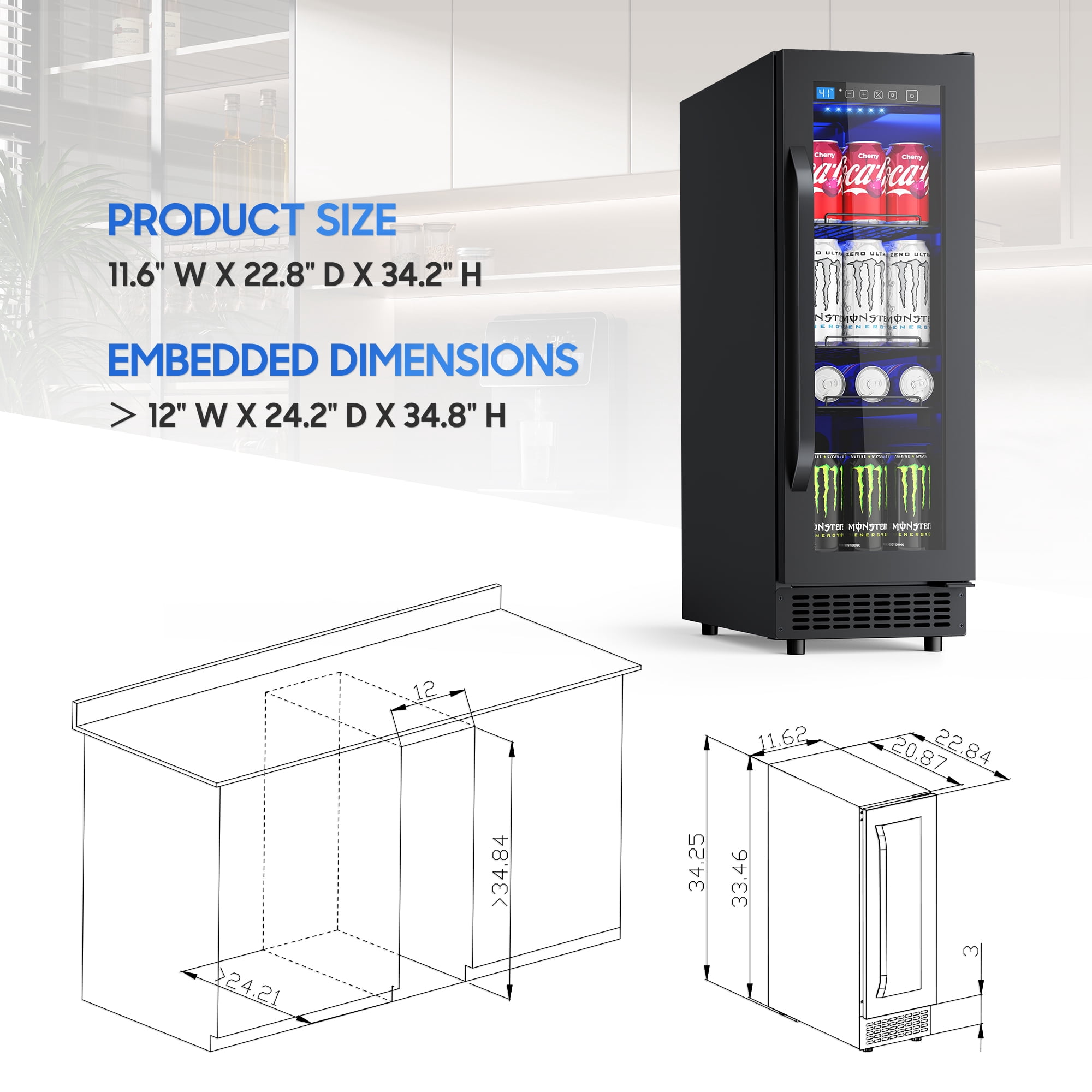 AVAHUM 12 Inch 60-Can Under Counter Beverage Refrigerator, Slim Built-In or Freestanding Drink Cooler, Stainless Steel