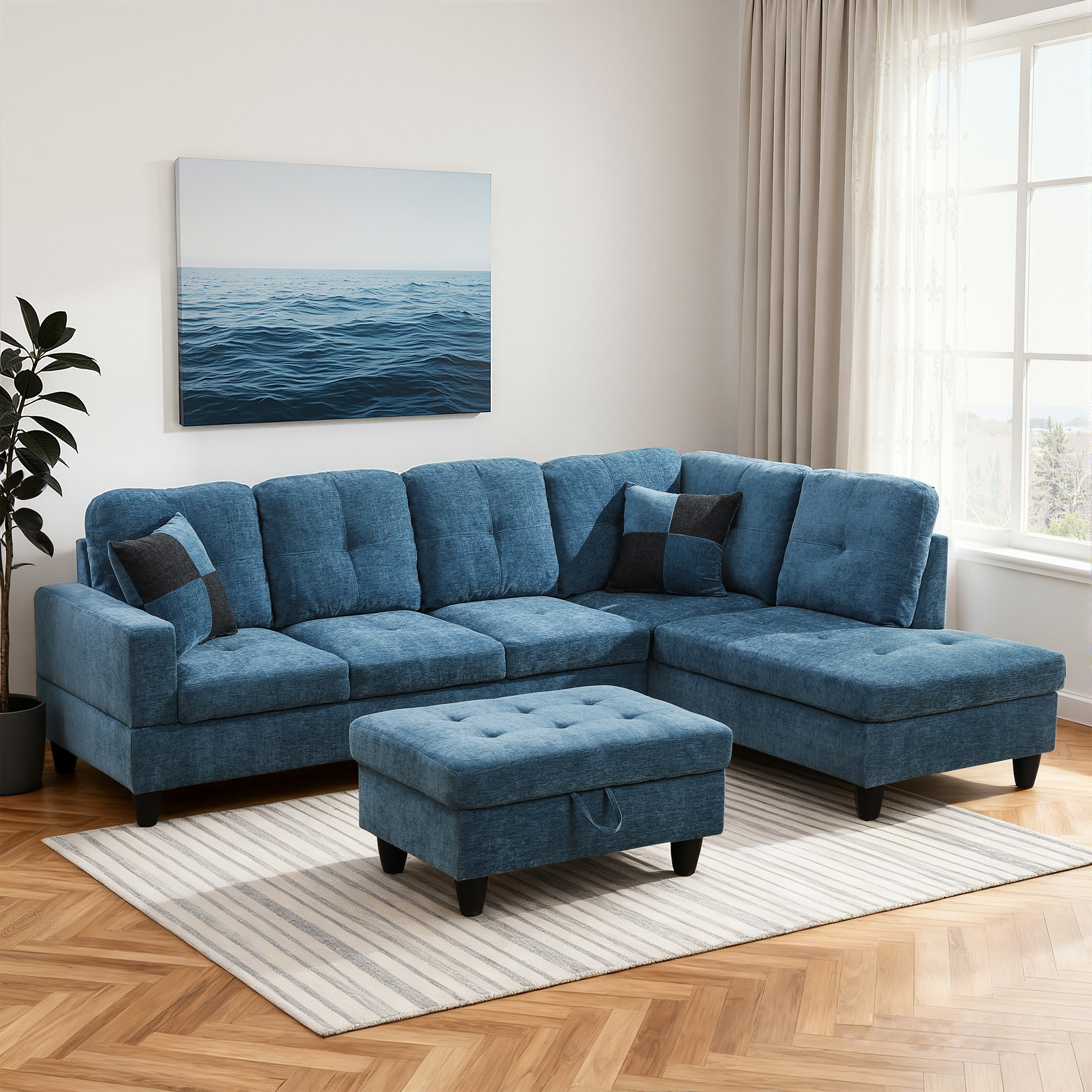 MAYEERTY 103.5 Inch Blue Flannel 3-Piece Living Room Sofa Set, Modern Soft Fabric Couch Furniture Set