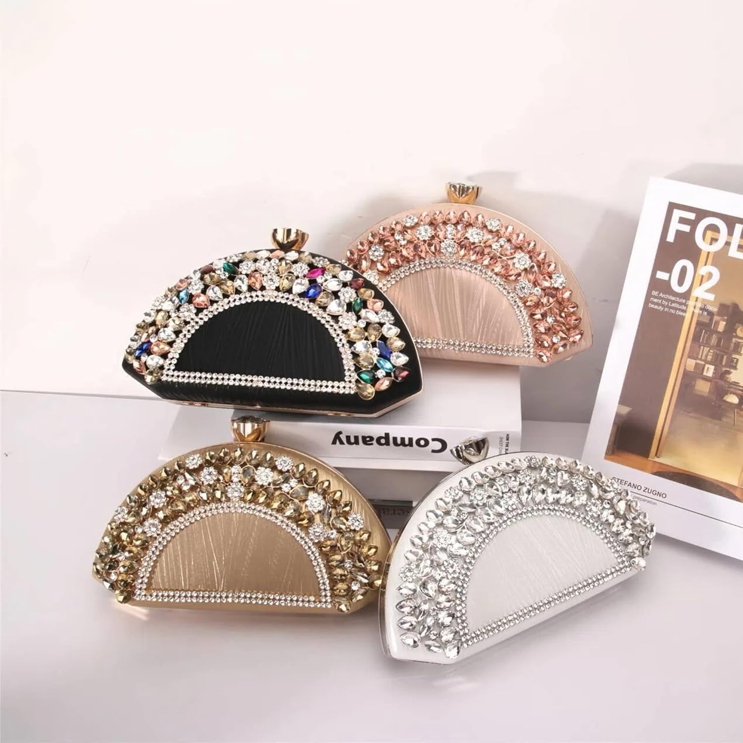 Rhinestone Clutch Evening Purses for Women Fan-shaped Crystal Diamond Wedding Handbag Crossbody Bag for dance Prom Party