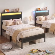 Twin Bed Frame with Headboard & Footboard, Charging Station & LED Light, Under-Bed-Storage, No Box Spring Needed, Noise Free, Easy Assembly, Black