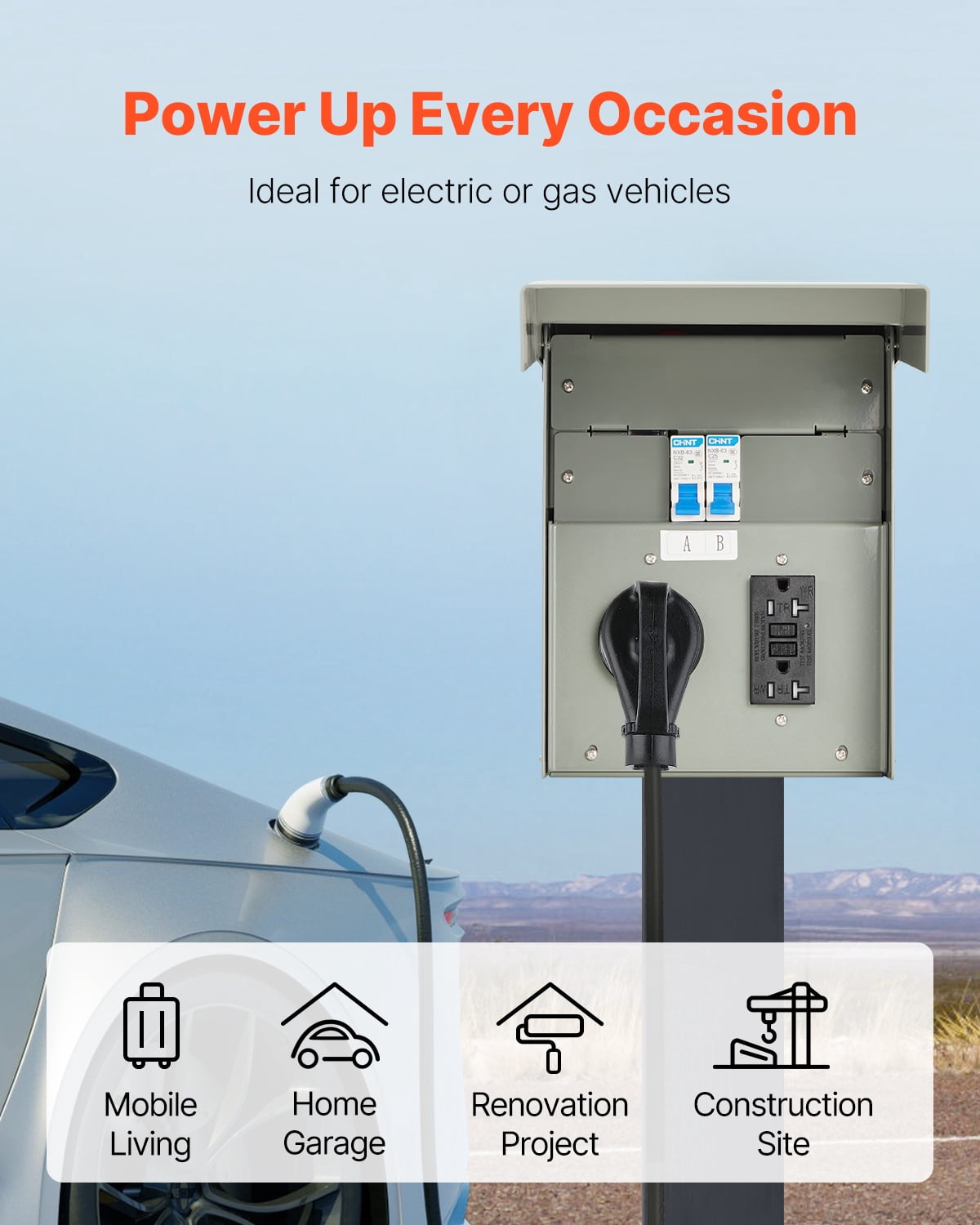 VEVOR Temporary Power Outlet Panel, 20 30 Amp, RV EV Electrical Outlet Panel with NEMA 30 Amp GFCI 20 Amp Receptacle Installed, Pre-Wired IP54 Weatherproof Box, for RV Camper Car Travel Motorhome
