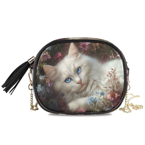 Womens Casual Chain Shoulder Bag Simple style White Cat Among Pink Flowers Crossbody Bag