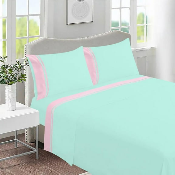 DNG Creations 4 Piece Two Tone Sheet Set - 10 Inch Deep Pocket ( Solid Aqua Blue/Light Pink - Twin )