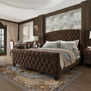 Sailvan Queen Size Upholstered Bed, Modern Chenille Sleigh Bed Frame with Wingback Headboard, Button Tufted,No Box Spring Needed
