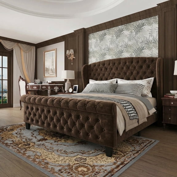 Sailvan Queen Size Upholstered Bed, Modern Chenille Sleigh Bed Frame with Wingback Headboard, Button Tufted,No Box Spring Needed