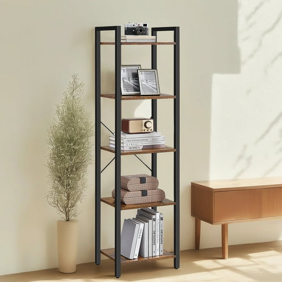 LEDREM 5-Tier Industrial Bookshelf - Steel Frame & Particleboard, 91.5lb Capacity, Space-Saving Design, Wall-Mountable, Rustic Brown and Black