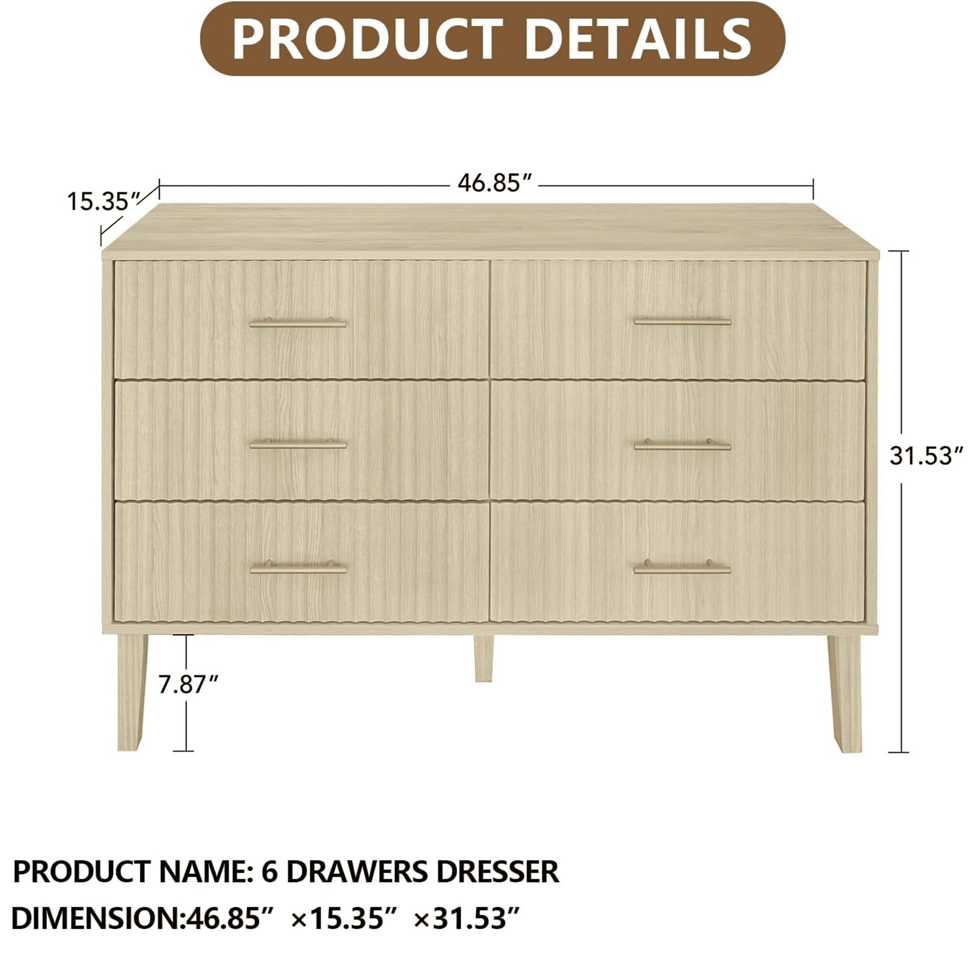 6 Drawer Dresser for Bedroom, 46.85" Wide Modern Wood Chest of Drawers with Fluted Design, Boho Dresser TV Stand for Closet, Living Room, Hallway