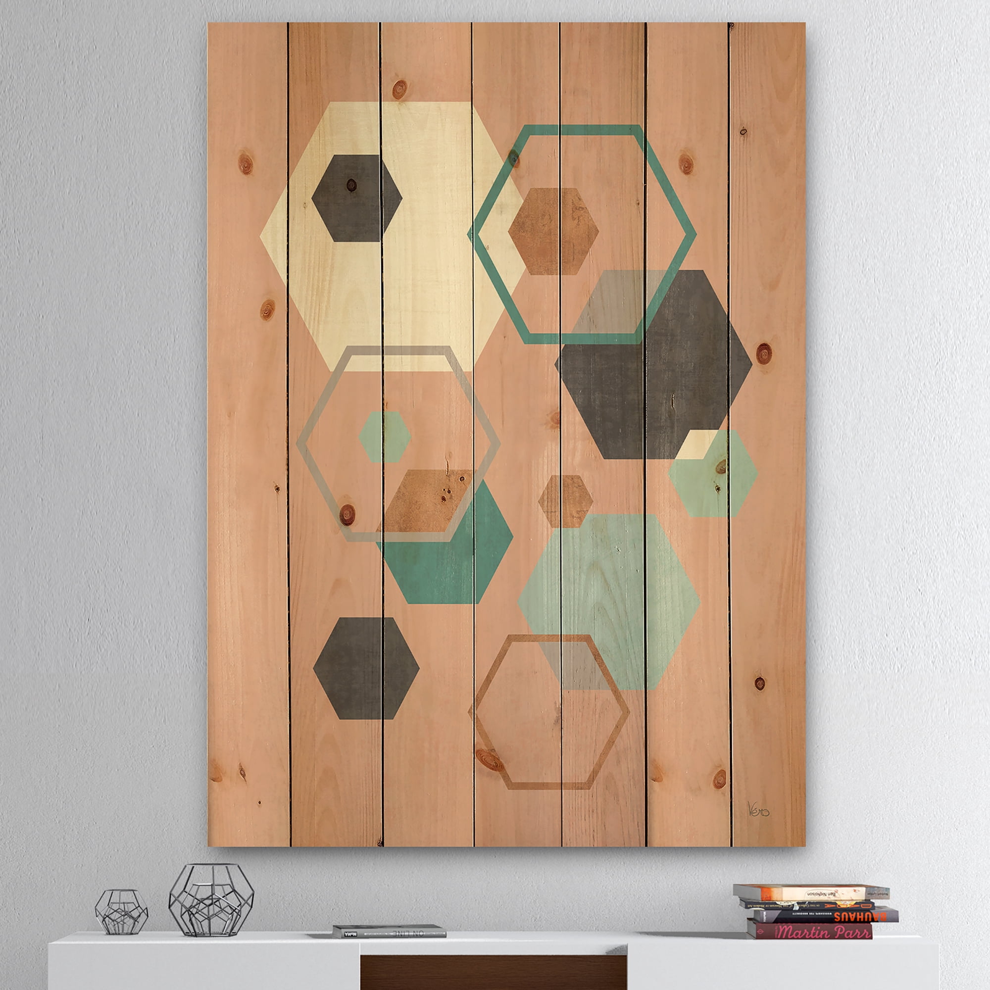 Designart 'Geometric hexagons Pattern II' Transitional Print on Natural Pine Wood