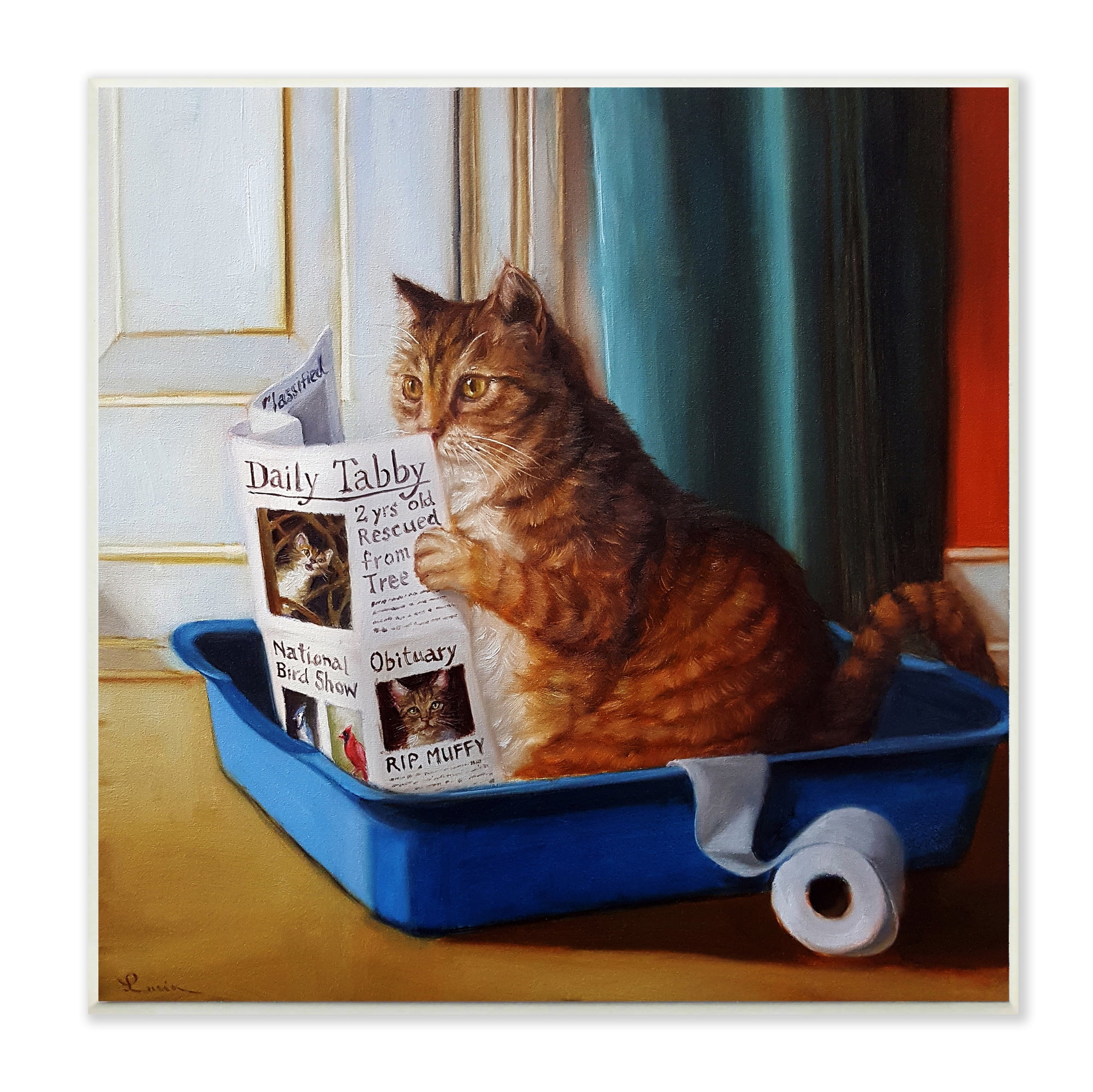 Stupell Industries Litter Box Reading Funny Cat Pet Painting Wood Plaque by Lucia Heffernan