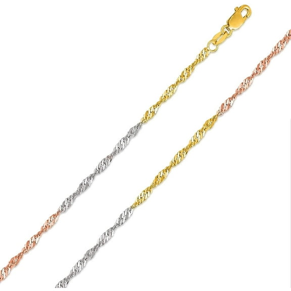 14K Tri-Color Gold 1.5mm Singapore Pendant Chain, FREE Microfiber Cloth, Diamond Cut Rope Link Mens Womens Necklace, Giorgio Bergamo 16